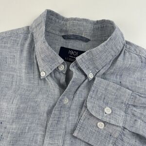 1901 Nordstrom Men's Linen Shirt Large Trim Fit  Blue Weave Button Down Casual